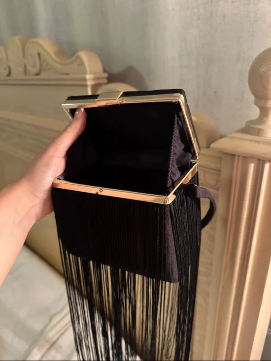 Black Fringe Evening Bag with Gold Accent - Picture 6 of 6